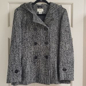 St John's Bay Tweed Pea Coat, Black and White, Size Medium
